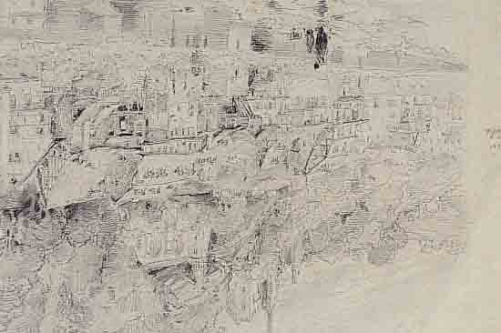 PüTTNER, RICHARD, 1842 WURZEN-1913 MüNCHEN, PARTIE IN OBERSTEIN AN DER NAHE, BLEISTIFT AUFGRAUGRüNEM PAPIER, VERSEHEN MIT HINWEISEN ZUR SPäTEREN ...