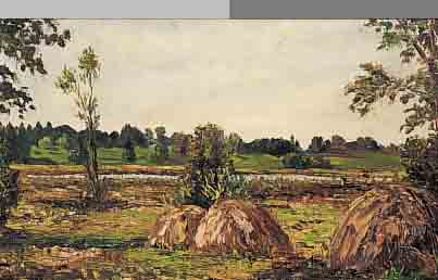 LECH, HANS, DATIERT 1976, WEITE LANDSCHAFT NACH DER HEUERNTE AM SEEUFER,ÖL/LWD, LI. U. SIGN., CA 40X45 CM, R.