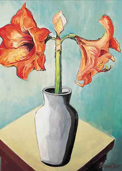 SCHAEFFER, ILSE, GEB. 1884 HORN BEI HAMBURG, STILLEBEN MIT AMARYLLIS, ÖL/MALKARTON, RE. U. SIGN., CA. 62 X 46 CM, ...