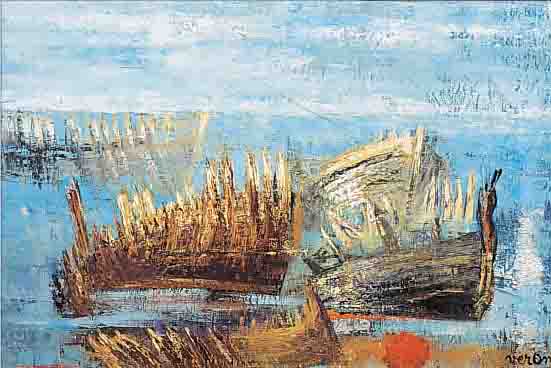 VERONE, ZEITGEN. MALER, FISCHERBOOTE IN DER ABENDSONNE, ÖL/LWD, RE. U. SIGN., CA. 50 X 61,5 CM, R.