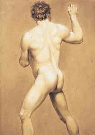 MAYER, CHARLES FRANCOIS, GESTORBEN 1840, STEHENDER MäNNLICHER RüCKENAKT, BLEISTIFT AUF PAPIER, WEIß GEHöHT, CA. 58 X 40 CM, RE. U. ...