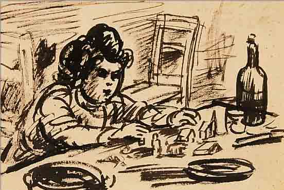 MASEREEL, FRANS, 1889-1972, KIND AM TISCH SPIELEND, TUSCHPINSELZEICHNUNG, ENTWURF ZU EINER ILLUSTRATION, AUS DER SAMMLUNG ...