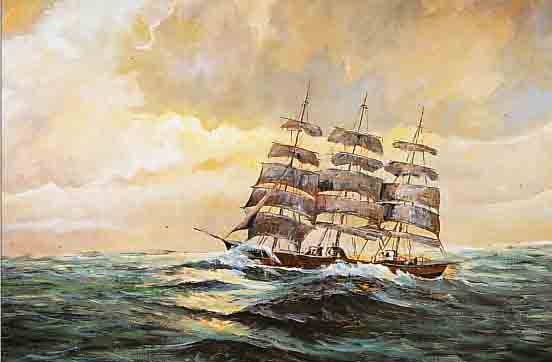 VON VARUTTI-KLEFENHAUSEN, MARCO WALTER, 1917 HAMBURG-1989, DREIMASTER AUF HOHER SEE, ÖL/MALKARTON, LI. U. SIGN., CA. 70 X 100 CM, R.