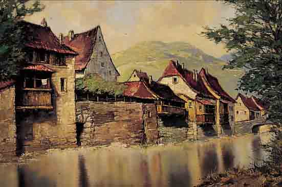 BRöCKER, ERNST, 18993-1963 MüNCHEN, HäUSERZEILE AM FLUSSUFER, ÖL/LWD, RE. U. SIGN., CA. 70 X 80 CM, R.