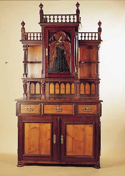 AUFSATZBUFFET, DEUTSCH, UM 1900, EICHE UND WEICHHOLZ, HISTORIZISTISCHER STIL, MITTEL- TüR BEMALT, ...