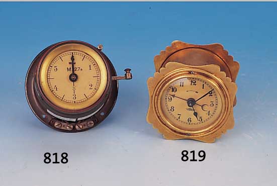 SOG. EISENBAHN-WECKER, KIENZLE, UM 1900, VERZIERTES MESSINGGEHäUSE, GLASABDECKUNG, PAPIERZIFFERBLATT, SPITZZAHNANKERGANG, 2 FE- DERHäUSER, ...