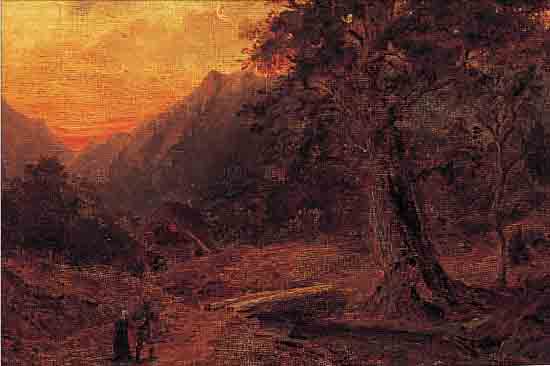 SCHüHMANN, ELISE, 19. JH., KARLSRUHE, ÖL/KARTON, ROMANTISCHE LANDSCHAFT MIT ZWEI PERSONEN UND MüHLE, IN DER ...