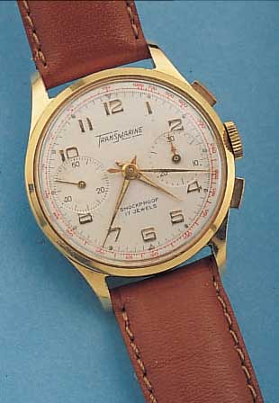 TRANSMARINE ARMBANDCHRONOGRAPH, SCHWEIZ UM 1960, METALL HARTVERG., EDELST.-BODEN U. GLAS-R. GEDR., BLATT VERS., 30-MIN.-STOPPZäHLER, 17 ST., ...