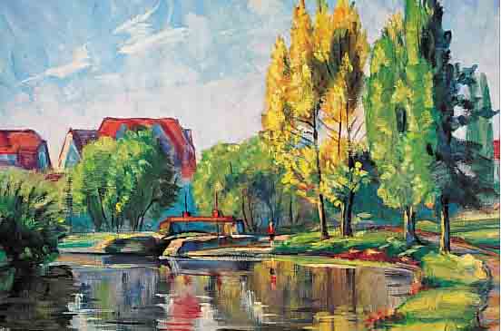 KELLER, HERBERT, 1900-1976, BAUMBESTANDENES SEEUFER IN EINER STADT, ÖL/LWD, RE. U. SIGN. UND DAT. 46, CA. 60 X 77 CM, R.