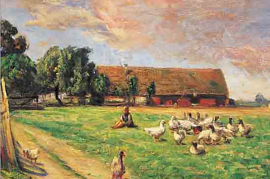 UNBEKANNTER MALER, UM 1910-20, , GäNSE AUF DER WEIDE, ÖL/MALKARTON, LI. U. UNLESERLICH SIGN., CA. 35 X 50 CM, R.