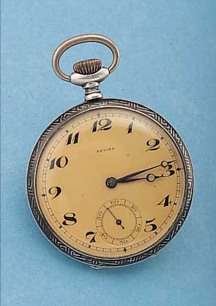 REVIDA HERRENTASCHENUHR LEPINE, SCHWEIZ/ DEUTSCHLAND UM 1928, 800ER TULASILBER, VERG. BLATT, MONOGR.-SPIEGEL ROTVERG./FREI, BRüCKEN-ANKERW. ...