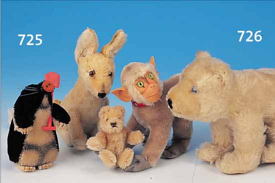 VIER STEIFF-TIERE, 50-60ER JAHRE, H. 8-16 CM, AFFE, FUCHS, BäR, KL. BäR, BESPIELT