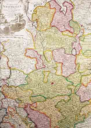 2 BLATT MIT KUPFERSTICHK. V. WEST-FAHLEN, 1.) ALTKOLOR. KUPFERSTICHK. V. HOMANN, CA. 1740, CIRCIULI WESTPHALIAE, MIT GR. PRACHT- VOLLER ...