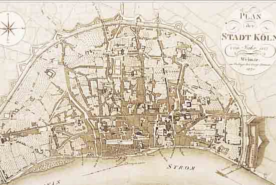 KONVOLUT VON 4 BLATT MIT KUPFERSTICHEN VON KöLN, 1.) SELTENER KUPFERSTICH AUS GEOGR. INSTITUT WEIMAR, CA. 1820, PLAN DER STADT KöLN VOM ...