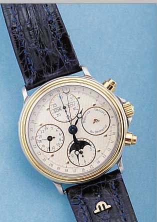 MAURICE LACROIX ARMBANDCHRONOGRAPH AUTOMATIK/ VOLLKALENDER, REF.-NR. 02336/112, SCHWEIZ UM1995, EDELST. MATT., BODEN U. KRONE GESCHR., BOMB. ...