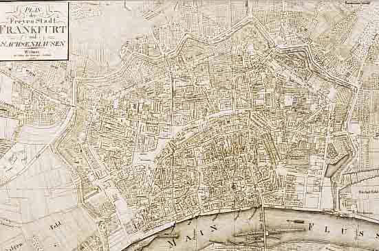 KONVOLUT VON 5 BLATT MIT ANSICHTEN VON FRANKFURT/M., 1.) KUPFERSTICH AUS GEORGR. INSTITUT WEIMAR, CA. 1822, PLAN DER FREYEN STADT ...