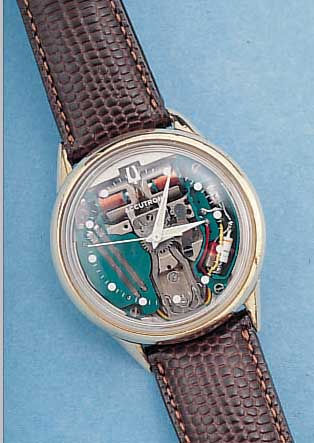 BULOVA HERRENARMBANDUHR ACCUTRON, SCHWEIZ UM 1967, METALL M. GG-AUFLAGE BER./BANDANST. VERZ., EDELST.-BODEN GESCHR., BATTERIEFACH U. ZEIGEST. ...