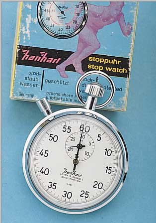 HANHART EINHANDSTOPPER, ALTER LAGERBEST. UM 1968, LAGERKISTE, GARANTIEKARTE UNAUSGEF., BED.-ANL., METALL VERCHR., EMAILFARB. KON- ...