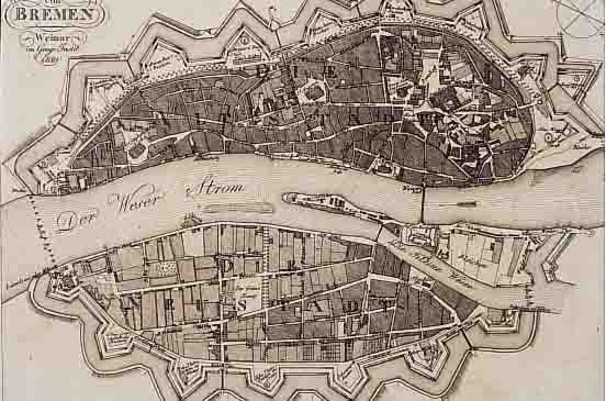 KONVOLUT VON 9 BLATT BREMEN, 1.) SELTENER KUPFERSTICH AUS GEOGR. INSTITUT WEIMAR, CA. 1821, PLAN VON BREMEN AUS DER VOGELSCHAU üBER DIE WESER, ...