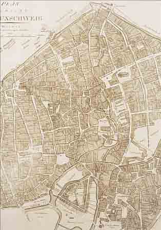 KONVOLUT VON 5 BLATT ANSICHTEN UND KARTEN V. BRAUNSCHWEIG, 1.) SELTENER KUPFERSTICH AUS GEOGR. INSTITUT WEIMAR, CA. 1819, PLAN DER STADT ...