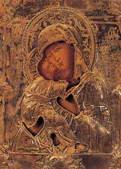 IKONE, RUSSLAND, UM 1880-90, MUTTER GOTTES MIT KIND, SILBEROKLAD UM 1860, FEIN ZISELIERT UND PUNZIERT, LEICHT BESCH., CA. 27,5 X ...