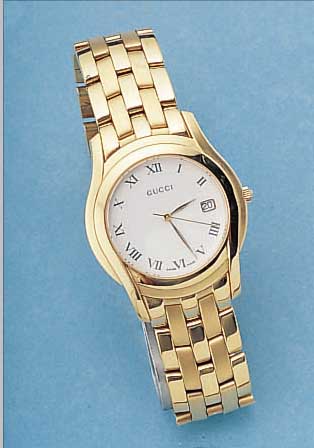 GUCCI HERRENARMBANDUHR, REF.-NR. 5400/15465,SCHWEIZ UM 1996, EDELST. HARTVERG. INCL. VERG. BAND M. DOPPELTER UNSICHTB. FALTSCHL., ...