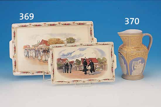 ZWEI PLATTEN, SARREGUEMINES, UM 1910, FAYENCE, BUNT LITHOGRAPHIERT, MIT VERSCH. VIELFIGURIGEN SZENEN, CA. 47 X 28 BZW. 34 X 20 CM, MIN. ...
