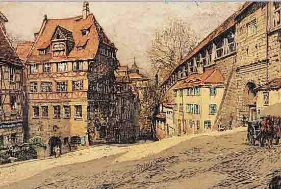 HOERNES, T. K., LEBTE IN DEN 30ER JAHREN, MITTELALTERL. STRAßENZUG IN NüRNBERG, SIGN., M. 35 X 43 CM, PP, U. GL.GER.