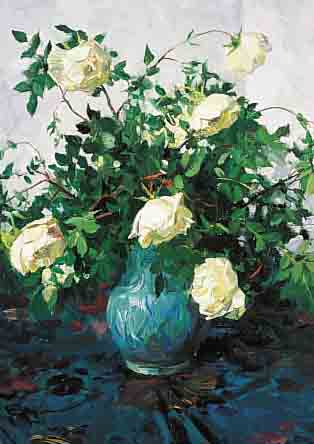 LUNEV, N.N., MALER DER MOSKAUER SCHULE, STILLEBEN MIT WEIßEN ROSEN IN BLAUER VASE, ÖL/LWD, LI. U. SIGN., CA. 60 X 50 CM, R.