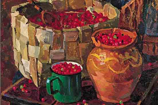 PRILUZKIJ, S.F., MALER DER MOSKAUER SCHULE, STILLEBEN MIT BEEREN, ÖL/LWD, UNSIGN., CA. 40 X 50 CM, R.