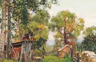 WASIN, W.A., MALER DER MOSKAUER SCHULE, VOR DEM HOLZSCHUPPEN, ÖL/MALKARTON, UNSIGN., CA. 35 X 50 CM, R.