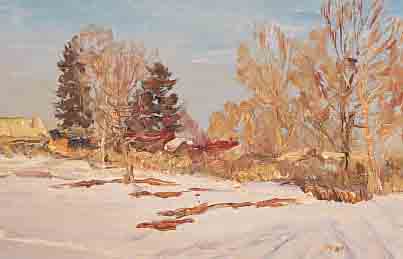 GUCEW, C.M., MALER DER MOSKAUER SCHULE, WINTERLANDSCHAFT MIT DORFANSICHT, ÖL/MALKAR- TON, RE. U. SIGN., CA. 40 X 50 CM, R.