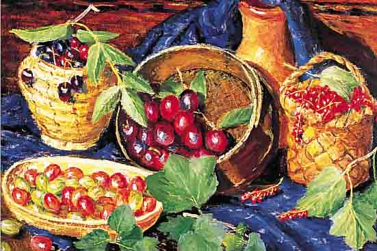 BOGAMOYREW, M., MALER DER MOSKAUER SCHULE, STILLEBEN MIT OBST, ÖL/MALKARTON, RE. U. SIGN., CA. 50 X 60 CM, R.