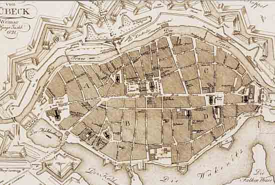 KONVOLUT VON 6 BLATT MIT ANSICHTEN VON LüBECK, 1.) SELTENER KUPFERSTICH AUS GEORGR.INTITUT WEIMAR, CA. 1821, PLAN VON LüBECK AUS DER ...