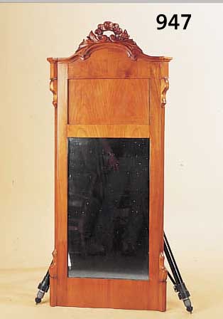 SPIEGEL, DEUTSCH, UM 1835/40, KISCHBAUMFUR- NIER, GLASEINSATZ SPäTER, L. ALTERSSPUREN, H/B: 135X60 CM.