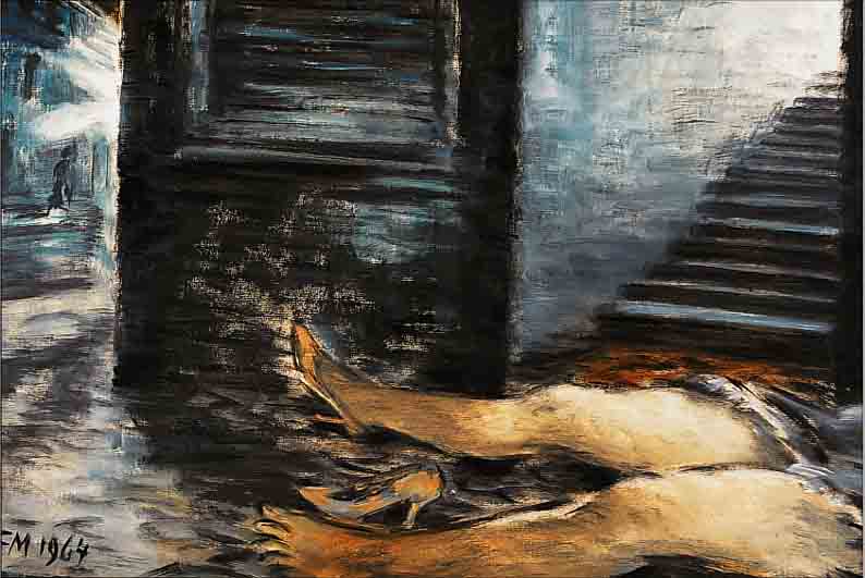 MASEREEL, FRANS, 1889-1972, UN CRIME II, ÖL/MALKARTON, LI. U. MONOGR. UND DAT. 1964, CA. 50 X 65 CM, R., WVZ VORMS NR. 342
