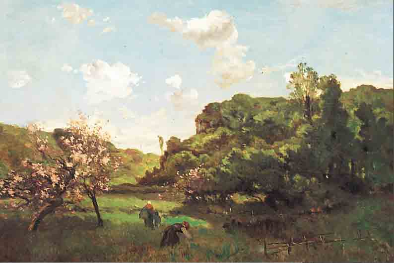 JAPY, LOUIS-AIMé, 1840 BERNE-1916 PARIS, SCHüLER VON COROT, HIER: LANDSCHAFT MIT BLüHENDEN BäUMEN UND PERSONEN AUF DER WIESE, ÖL/LWD, ...