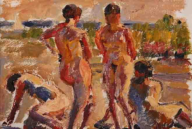 BOCK, LUDWIG, 1886-1955, BADENDE, ÖL/PAPIER, RE. U. SIGN. UND DAT. 21, CA. 29 X 39 CM, PP, U.GL., R.