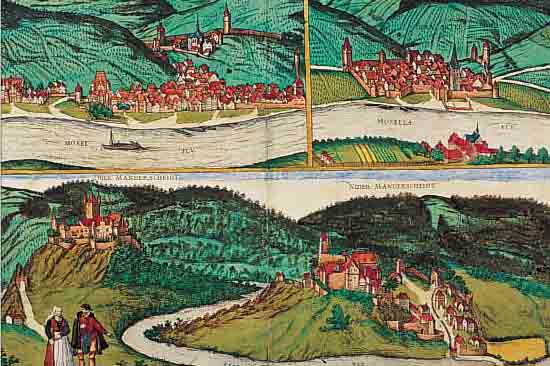 ALTKOLOR. KUPFERSTICHE AUS BR. U. HOGENBERG, CA. 1590, MIT 4 ANSICHTEN AUF EINEM BLATT, ZELL AN DER MOSEL, BERNKASTEL AN DER MOSEL, SOWIE OBER- ...