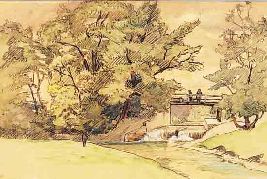 SPIRO, EUGEN, 1874 BRELAU-1974 NEW YORK, LANDSCHAFT MIT BRüCKE üBER STAUWEHR, AQUARELL,LI. U. SIGN., CA. 29 X 39 CM, PP, U.GL., R.