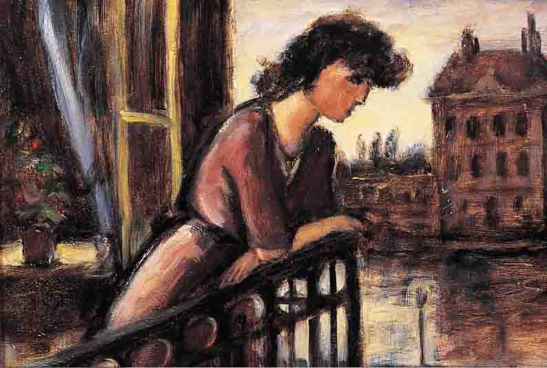 MASEREEL, FRANS, 1889 BLANKENBERGHE-1972 AVIGNON, FRAU AUF DEM BALKON, ÖL/HARTFASER, RE. U. MONOGR. UND ...