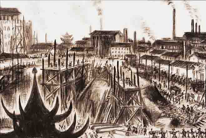 MASEREEL, FRANS, 1889 BLANKENBERGHE-1972 AVIGNON, UMBAU IN PEKING, TUSCHPINSELZEICHNUNG AUF PAPIER VON ...