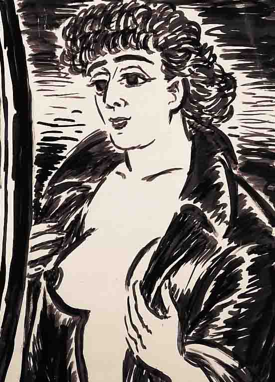 MASEREEL, FRANS, 1889 BLANKENBERGHE-1972 AVIGNON, FEMME AU SENE NU, TUSCHPINSELZEICHNUNG VON 1971, CA. 47,5 X 33,5 ...