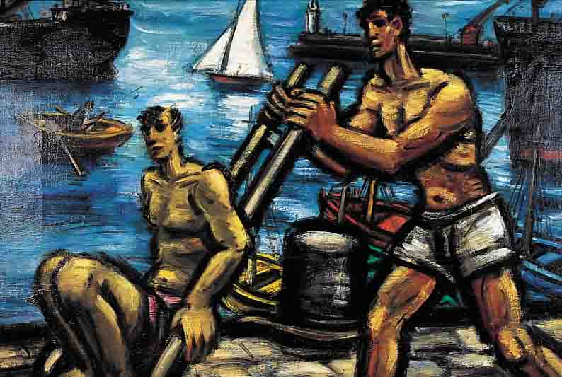 MASEREEL, FRANS, 1889 BLANKENBERGHE-1972 AVIGNON, ARBEITER IM HAFEN, ÖL/LWD, RE. U. MONOGR. UND DAT. 1949, ...