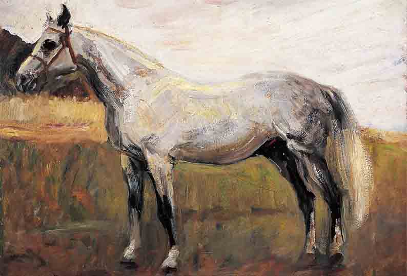 SLEVOGT, MAX, 1868-1932, STEHENDER SCHIMMEL, ÖL/MALKARTON, RE. U. SIGN.UND DAT. 1902, CA. 65,5 X 85 CM, R., MIT EXPERTISE ...