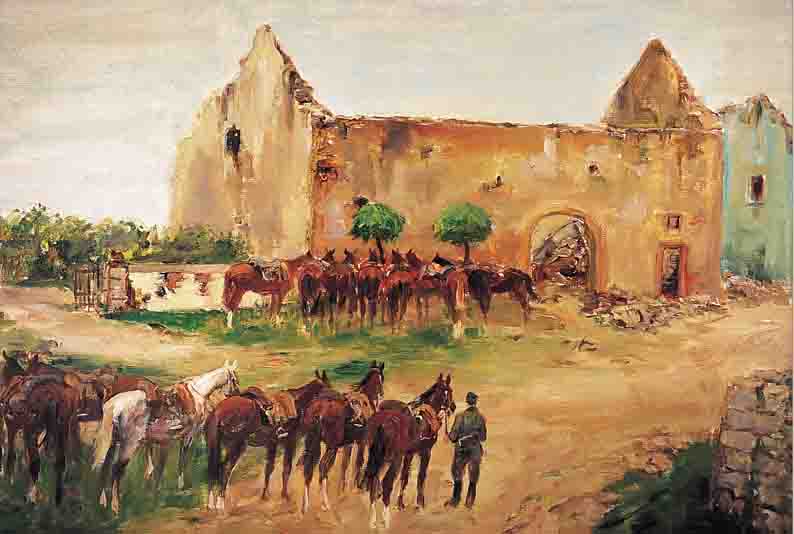 DILL, OTTO, 1884 NEUSTADT-1957 BAD DüRKHEIM, PFERDE VOR DEM KAPLANEIHOF, ÖL/LWD, RE. U. SIGN., CA. 80 X 100 CM, R.