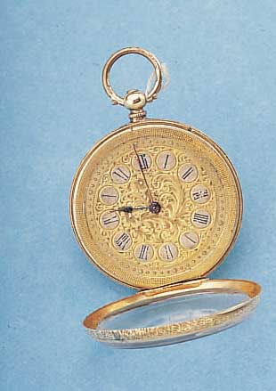 OFFENE KLEINE TASCHENUHR, SCHWEIZ FüR DEN BRIT. MARKT, UM 1885, ROSE-G. 585/000, RUND- UMGRAV., MONOGR.-SPIEGEL FREI, BLüTENDEKOR, VERG. ...