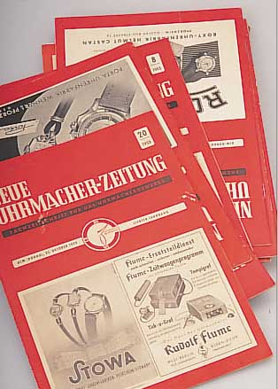 30 EXEMPLARE DES FACHJOURNALS "NEUE UHRMACHER-ZEITUNG", ULM/DONAU, VON 1952-1957, ALTERS- U. GEBRAUCHSSPUREN