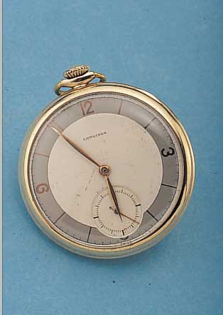 LONGINES HERRENTASCHENUHR LEPINE, SCHWEIZ/ USA UM 1938, GG-FILLED, BODEN M. WIDMUNGSGRAV.2-FARB. VERS. BLATT, ART DECO, 17 ST., KAL. 17L, ...