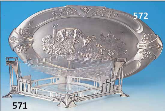 SCHALE, WMF, UM 1910, METALL VESILBERT, 12.5 X 40 CM, BERIEBEN, GLASEINSATZ MIN. RIS- SIG CA. 2 CM